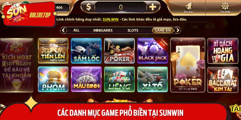 Các danh mục game phổ biến tại Sunwin